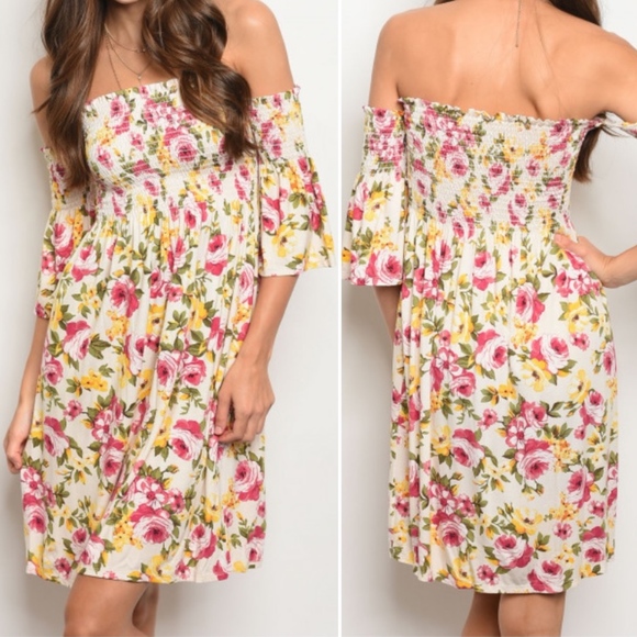 Dresses & Skirts - "AMELIA" IVORY FLORAL OPEN SHOULDER DRESS